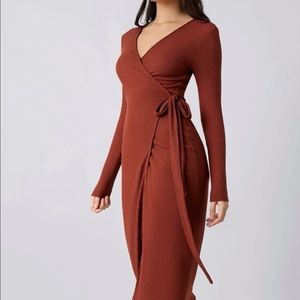 Ribbed Knit Wrap Belted Dress